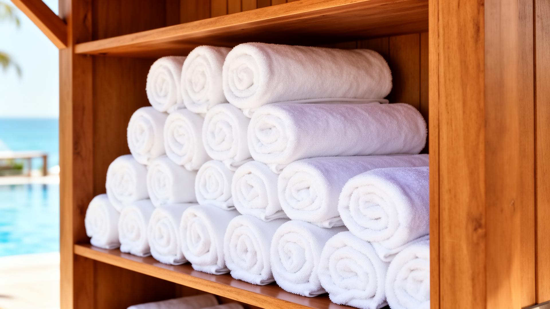 Neatly rolled white beach towels at a resort towel hut