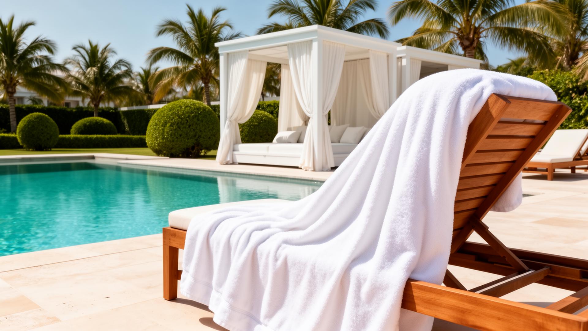 Oversized plush white pool towel on a teak lounge chair